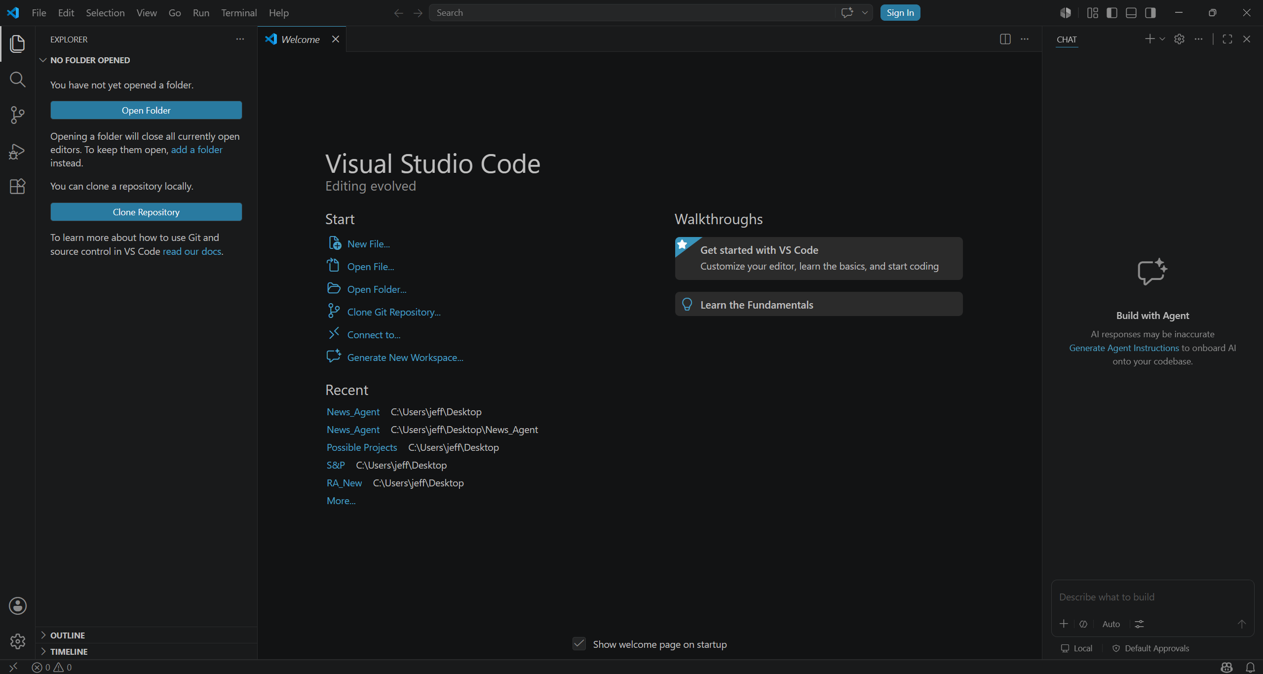 VS Code first launch interface
