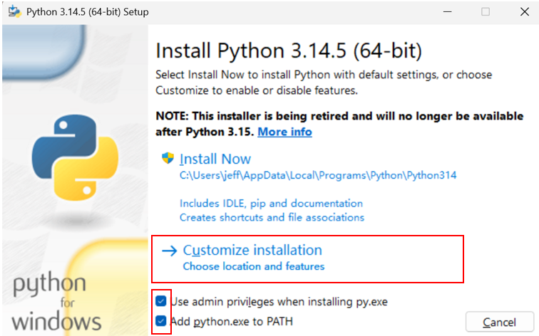 Python installer selection